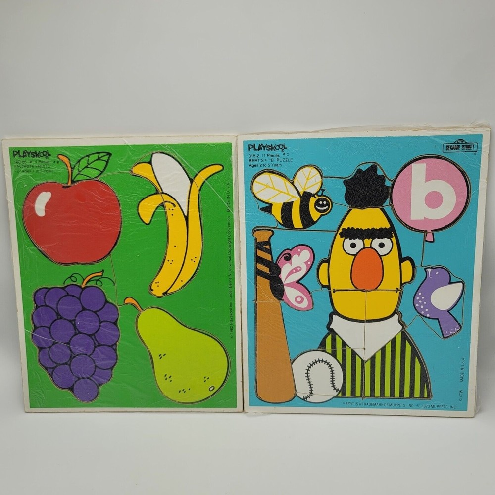 Playskool Lot 2 Wood Tray Puzzles Bert Favorite Fruits Sesame Street 1982 1973
